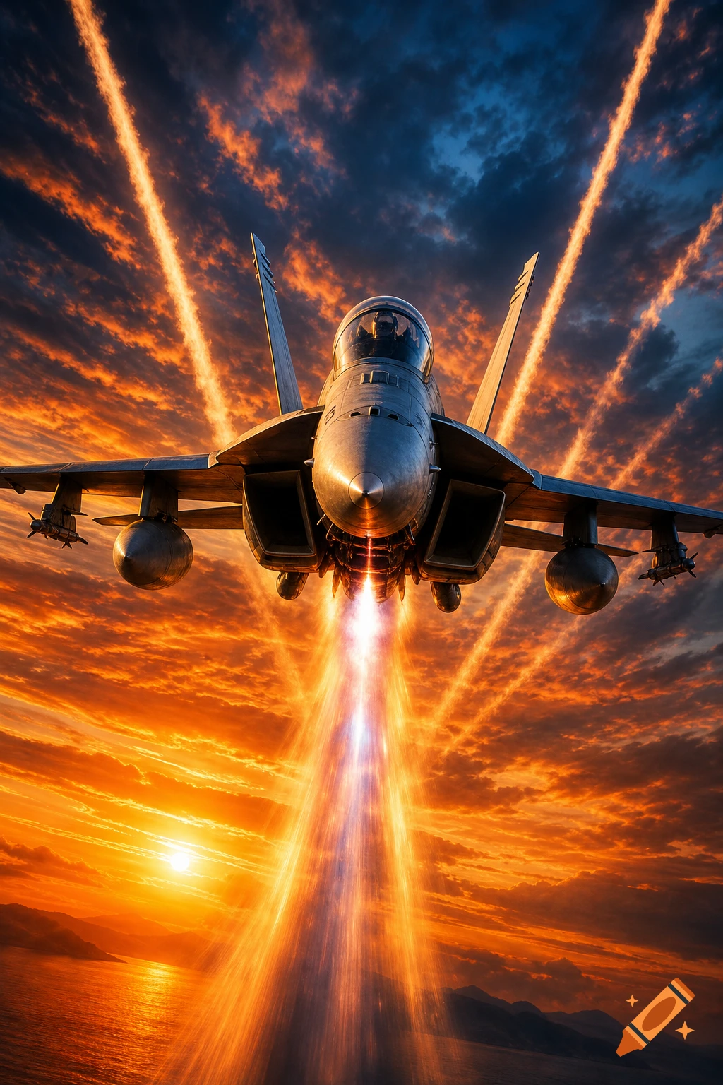 A photorealistic F/A-18 Hornet jet flies towards the viewer, trailing fiery afterburners against a dramatic orange and blue sunset sky over water and mountains.