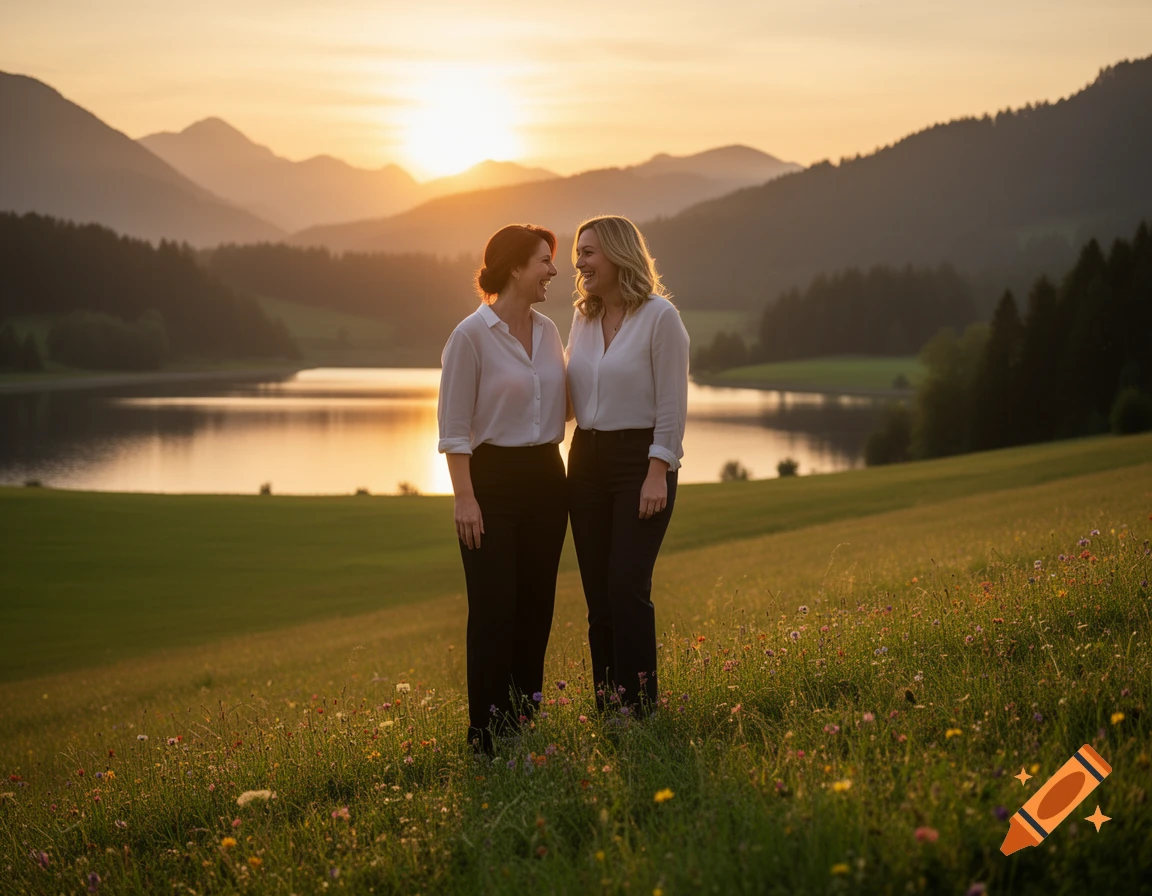 Two women smile and look at each other on a grassy hillside overlooking a lake and mountains at sunset.