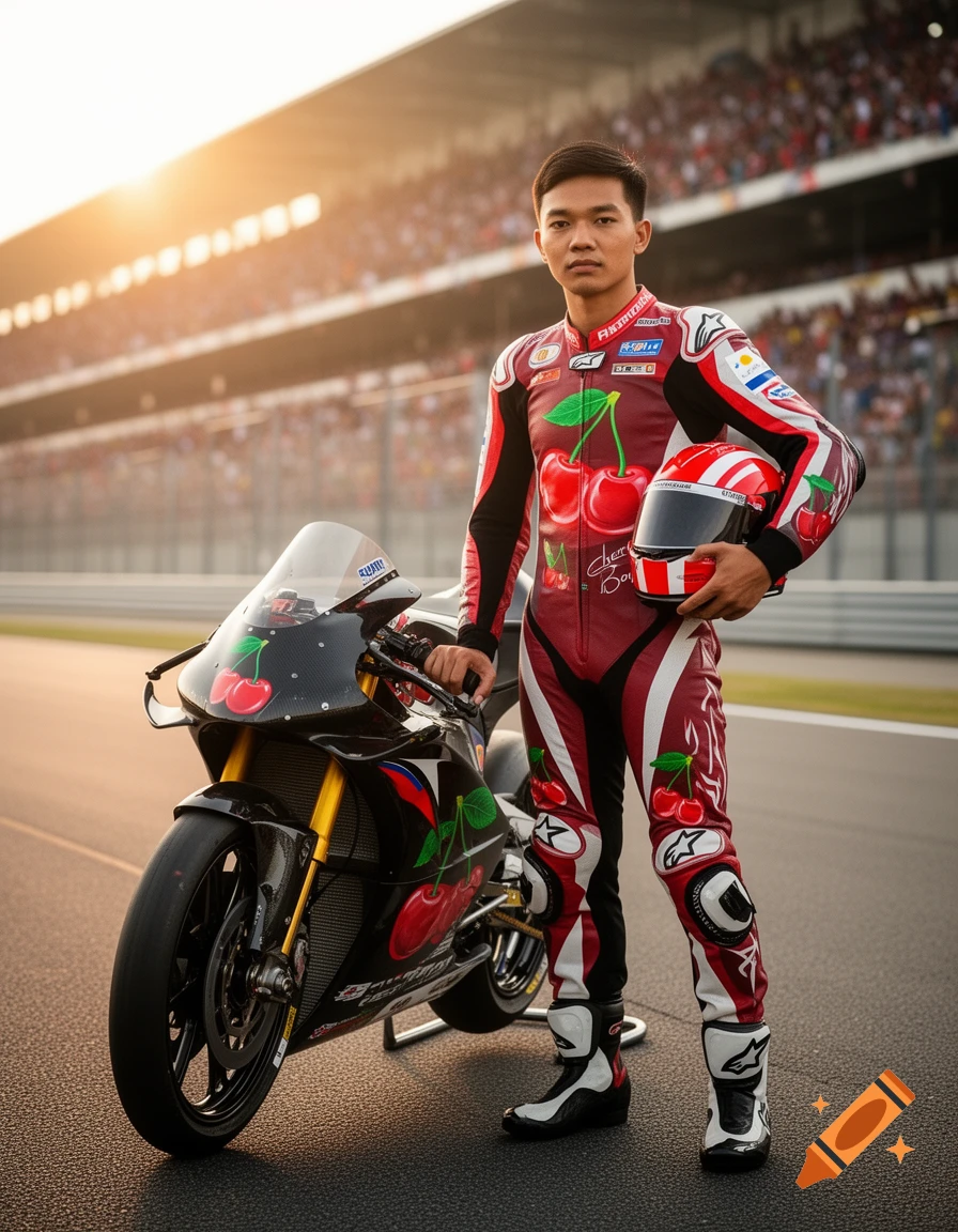 A Filipino motorcycle racer, known as Cherry Boy, stands next to his cherry-decorated racing bike on a track at sunset.
