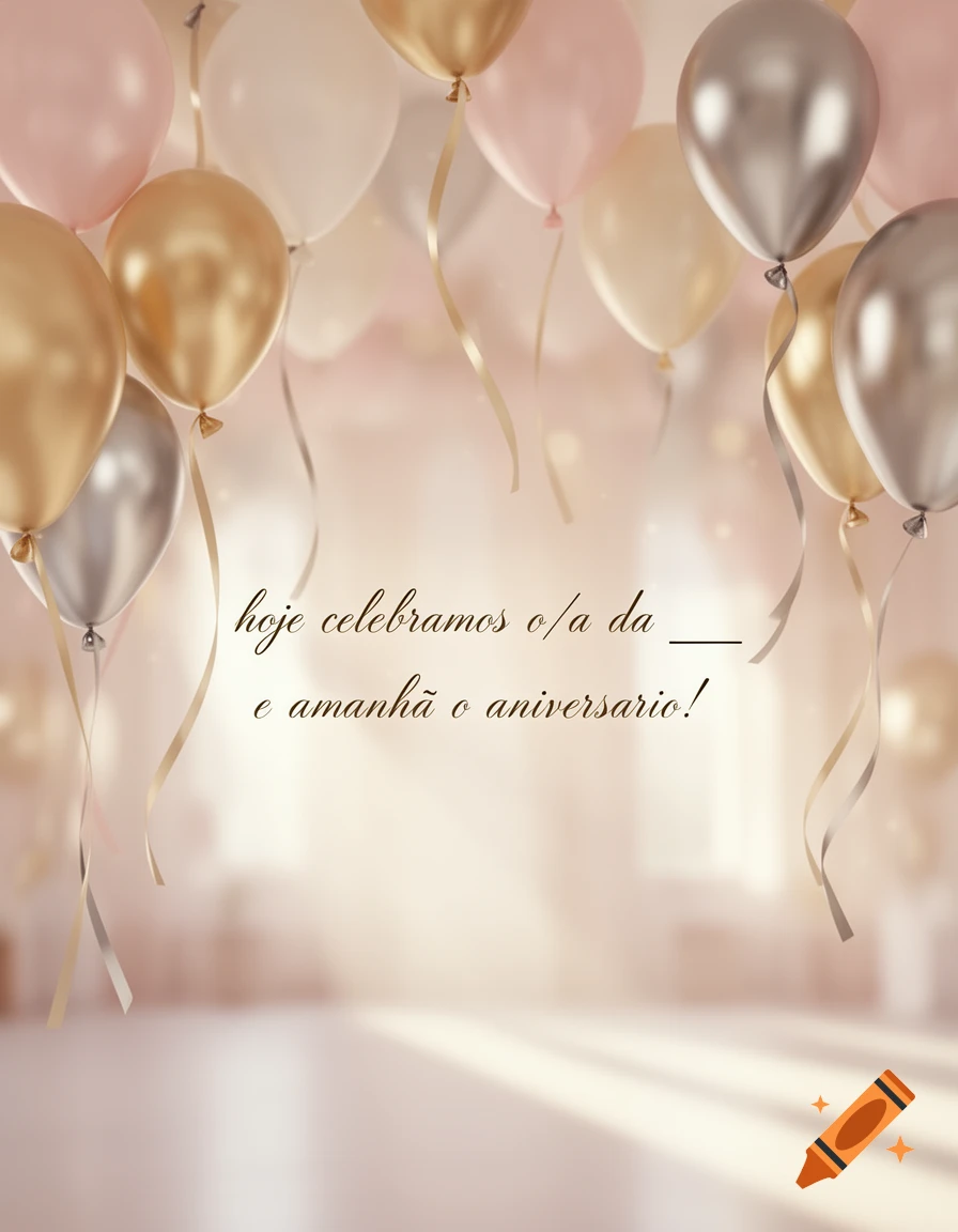 Shiny gold, silver, and pink balloons float in a soft, bright room. Cursive text reads 'hoje celebramos o/a da ____ e amanhã o aniversario!'