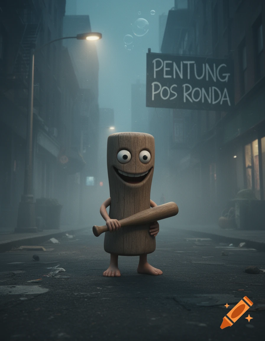 A creepy wooden pestle-shaped character with big eyes and an uncanny smile holds a bat on a foggy NYC street with a 'PENTUNG POS RONDA' sign.
