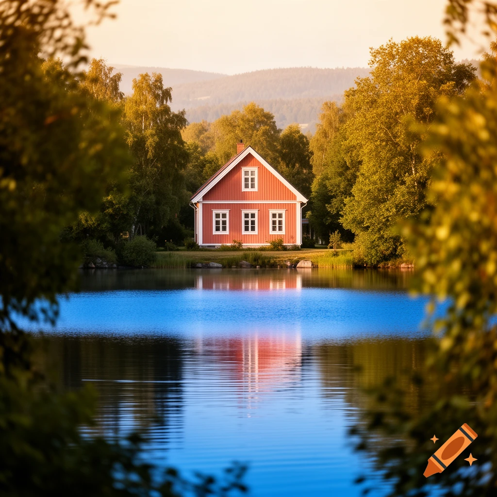 A vibrant red house with white trim sits by a serene blue lake, framed by lush autumn trees and distant mountains at sunset.