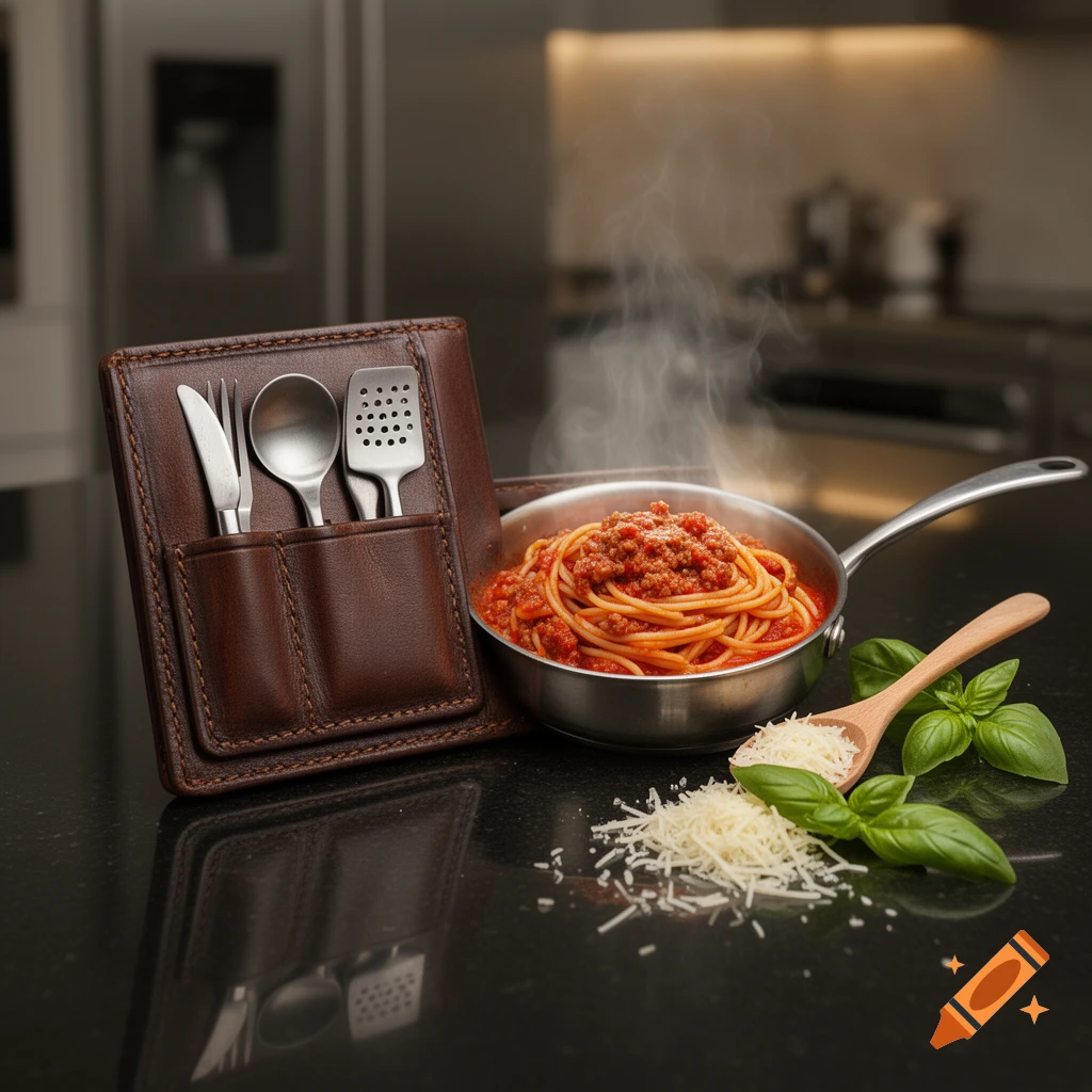 Steaming spaghetti bolognese in a pan, next to a leather cutlery roll, with grated cheese and fresh basil on a dark counter.