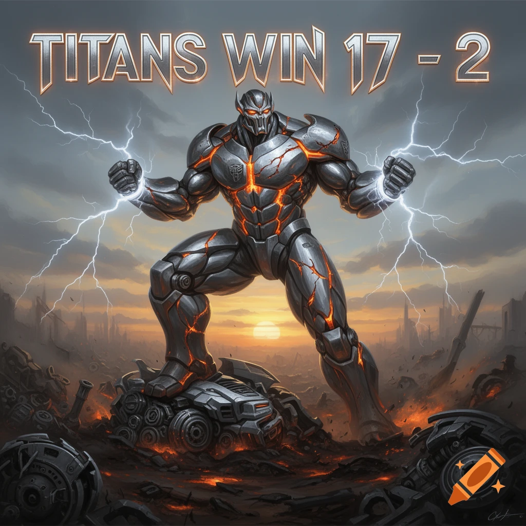 A powerful, glowing titan robot stands on a crushed vehicle amidst a ruined landscape with lightning and "TITANS WIN 17 - 2" above.