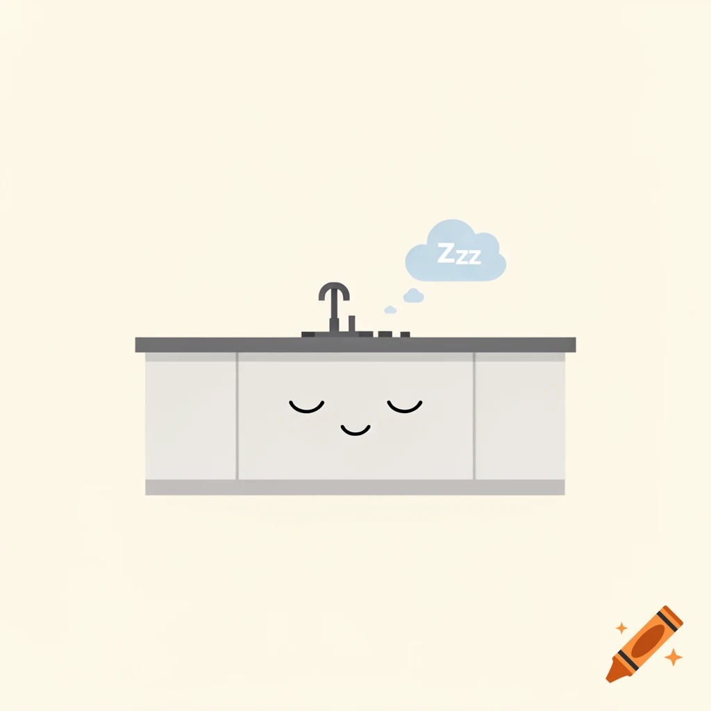 A minimalist 2D illustration of a sleeping kitchen counter and sink with "Zzz" in a thought bubble.
