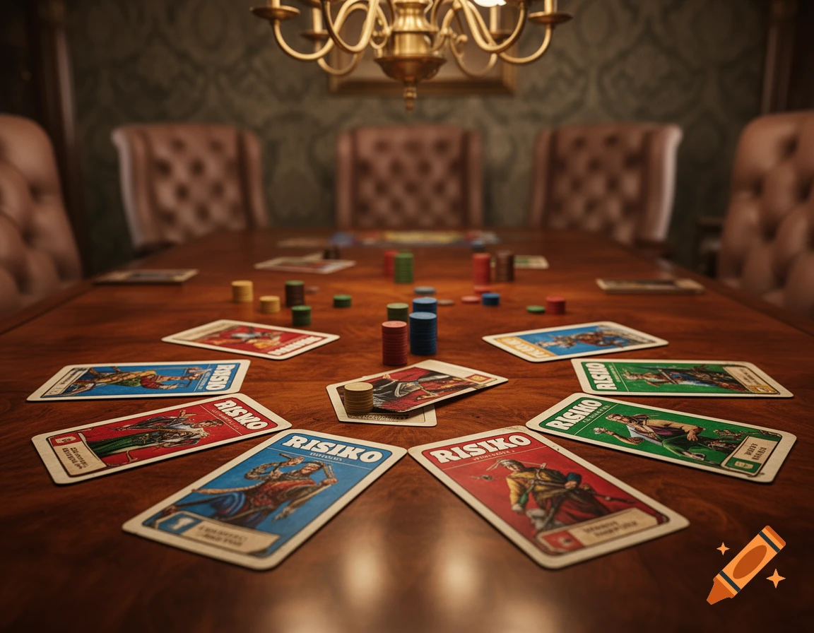 A close-up view of a wooden table covered with 'Risiko' board game cards and colorful game pieces, under a brass chandelier.