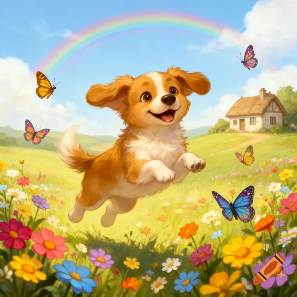 A happy cartoon puppy leaps through a vibrant field of colorful flowers and butterflies under a blue sky with a rainbow and a distant house.
