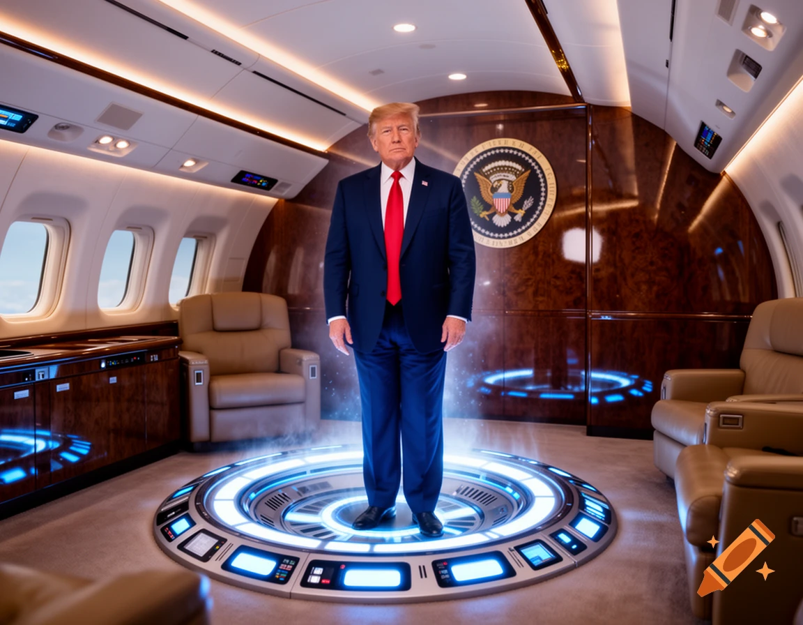 Donald Trump stands on a glowing futuristic transporter pad inside a luxurious Air Force One cabin.