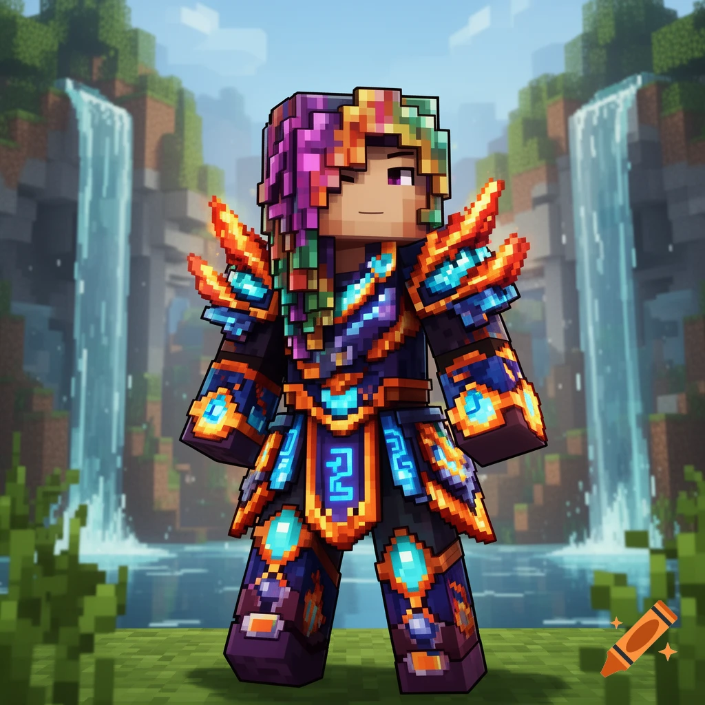 A pixelated Minecraft-style character with multicolored hair and glowing, intricate blue and orange fantasy armor stands in a lush, waterfall-filled landscape.