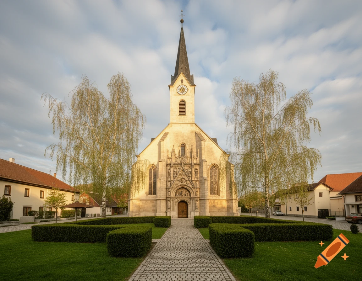 A beige church with a tall black steeple and a clock stands at the end of a cobblestone path, flanked by green lawns and manicured hedges. Other buildings and trees are visible under a cloudy sky.