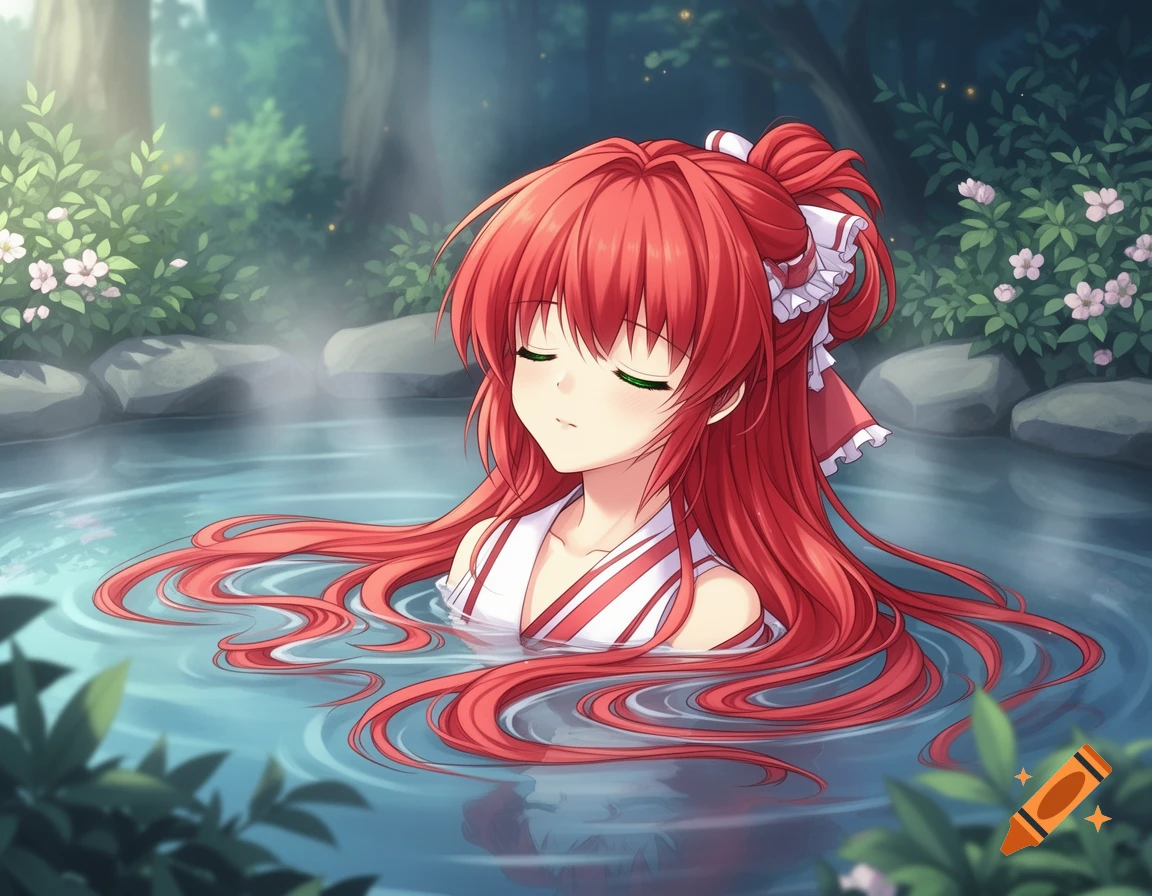 Anime girl with long red hair and green eyes relaxing peacefully in a steaming outdoor hot spring surrounded by green foliage.