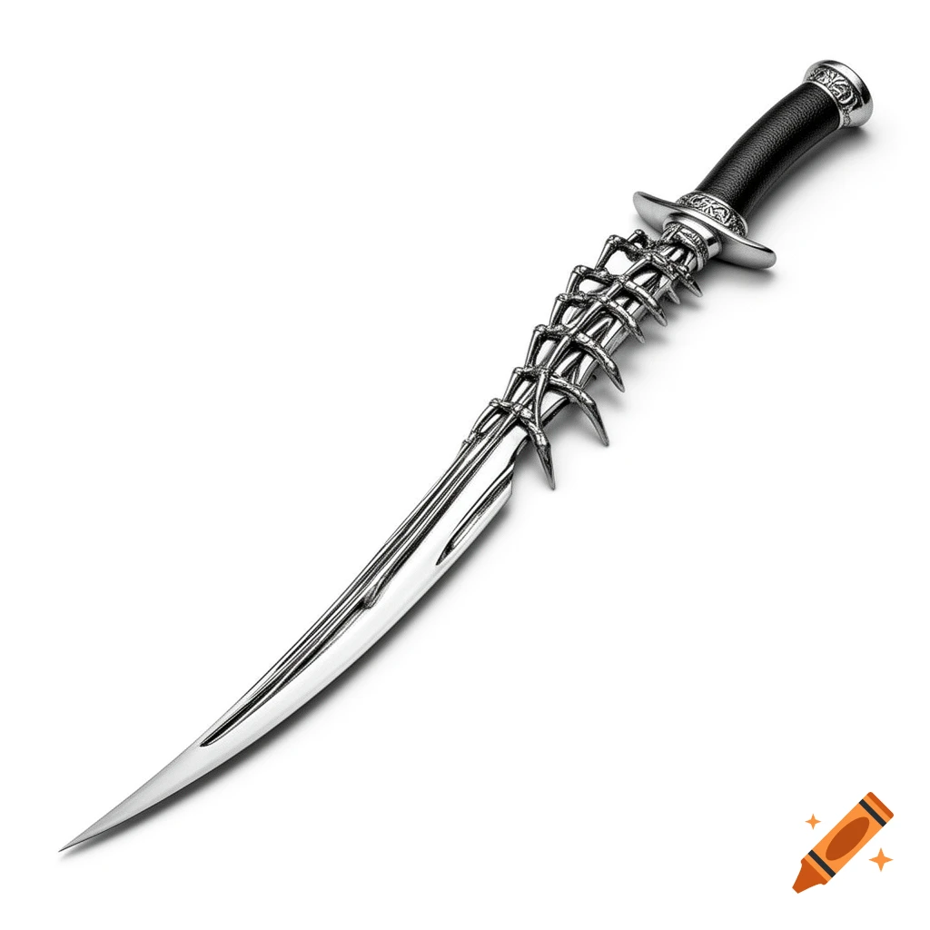 Photorealistic rendering of a fantasy scimitar with a shiny blade and a handle designed with silver spider leg motifs, against a white background.