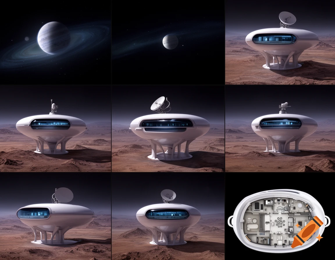 A nine-panel grid showing a futuristic white base on a red planet, with orbital views of ringed planets and an interior layout.