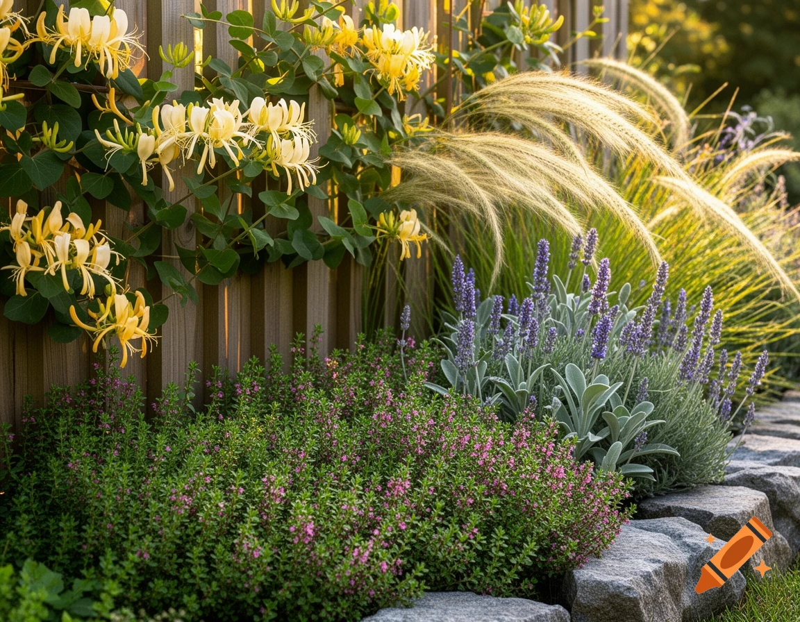 A vibrant garden scene features yellow honeysuckle climbing a wooden fence, with green thyme, purple lavender, and feathery ornamental grass in the foreground, bordered by natural stones.