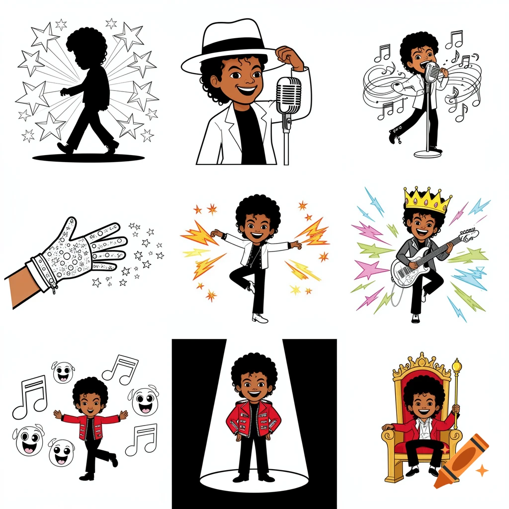 Nine cartoon illustrations of a young Michael Jackson, moonwalking, singing, dancing, playing guitar, and sitting on a throne.