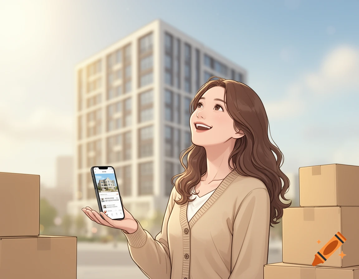 A young Korean woman in webtoon style holds a phone displaying a house, smiling proudly in front of a modern building with moving boxes.