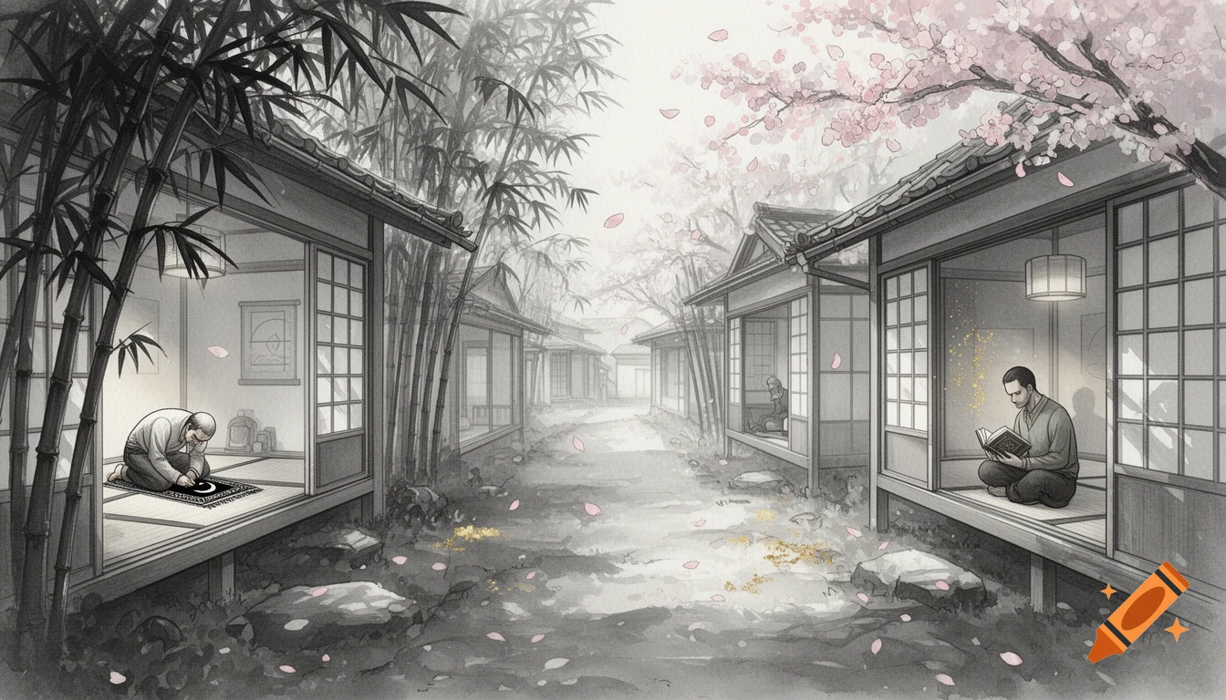 A serene Japanese-inspired ink wash depicting traditional homes, bamboo, and cherry blossoms, with a man praying and another reading inside.