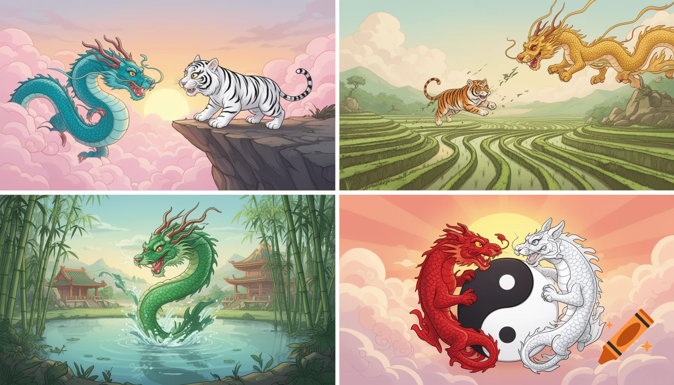 Four cartoon panels depicting the myth of dragon vs. tiger in different scenes: on a cliff, over rice fields, emerging from a lake, and forming a yin-yang symbol.