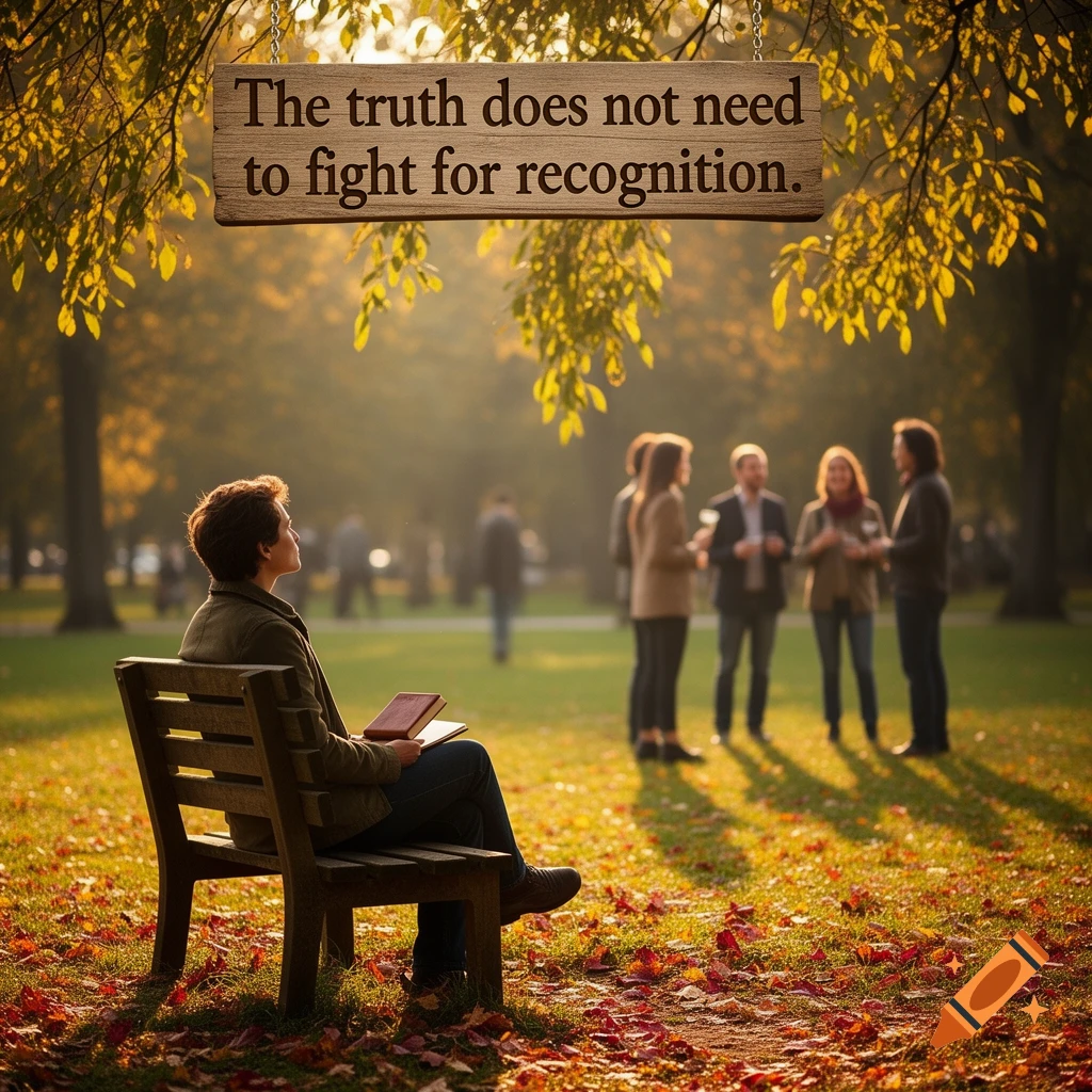 A person sits on a park bench surrounded by autumn leaves, reading. A sign above says: 'The truth does not need to fight for recognition.'