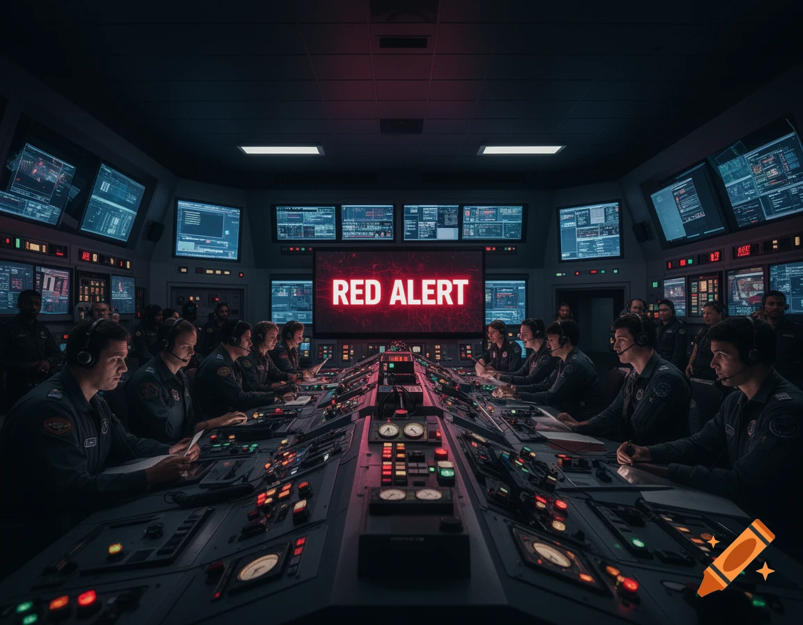 People in a dimly lit control room with many screens, a large central screen displays 'RED ALERT'.