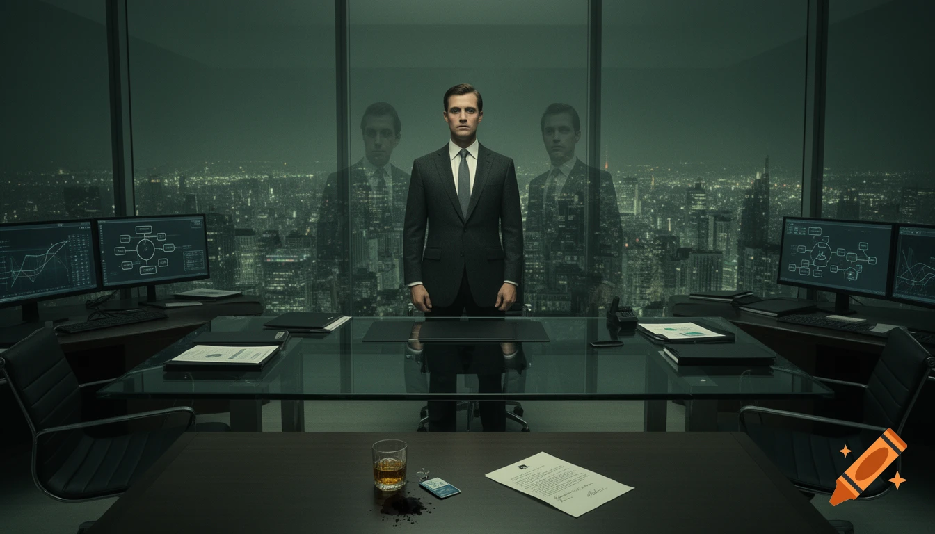 A man in a dark suit stands behind a glass desk in a high-rise office at night, overlooking a cold, grey-green city. A resignation letter and whiskey are on the foreground desk.