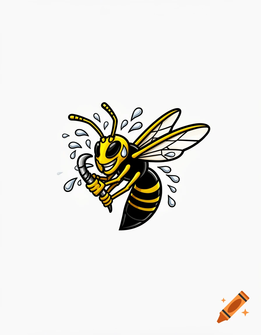 A cartoon yellow and black hornet sweats while holding its stinger.