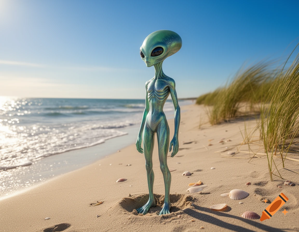 A tall, slender grey alien stands on a sunny sandy beach with ocean waves in the background and grassy dunes.