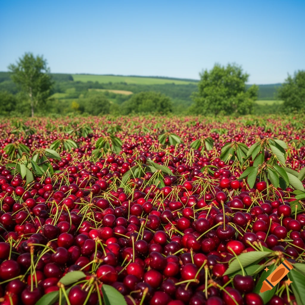 A vast photorealistic field of ripe red cherries with green stems and leaves, under a clear blue sky with green hills in the background.