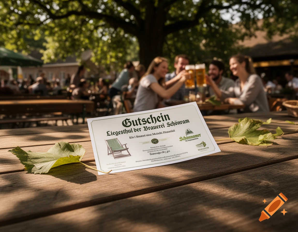 A voucher for a deck chair from the Schönram brewery rests on a wooden table in an outdoor beer garden, with blurred figures clinking beer steins in the background.