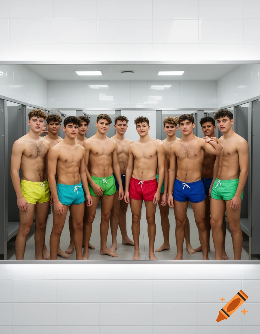 A group of young men in colorful swim trunks and shirtless pose for a mirror selfie in a white-tiled locker room.
