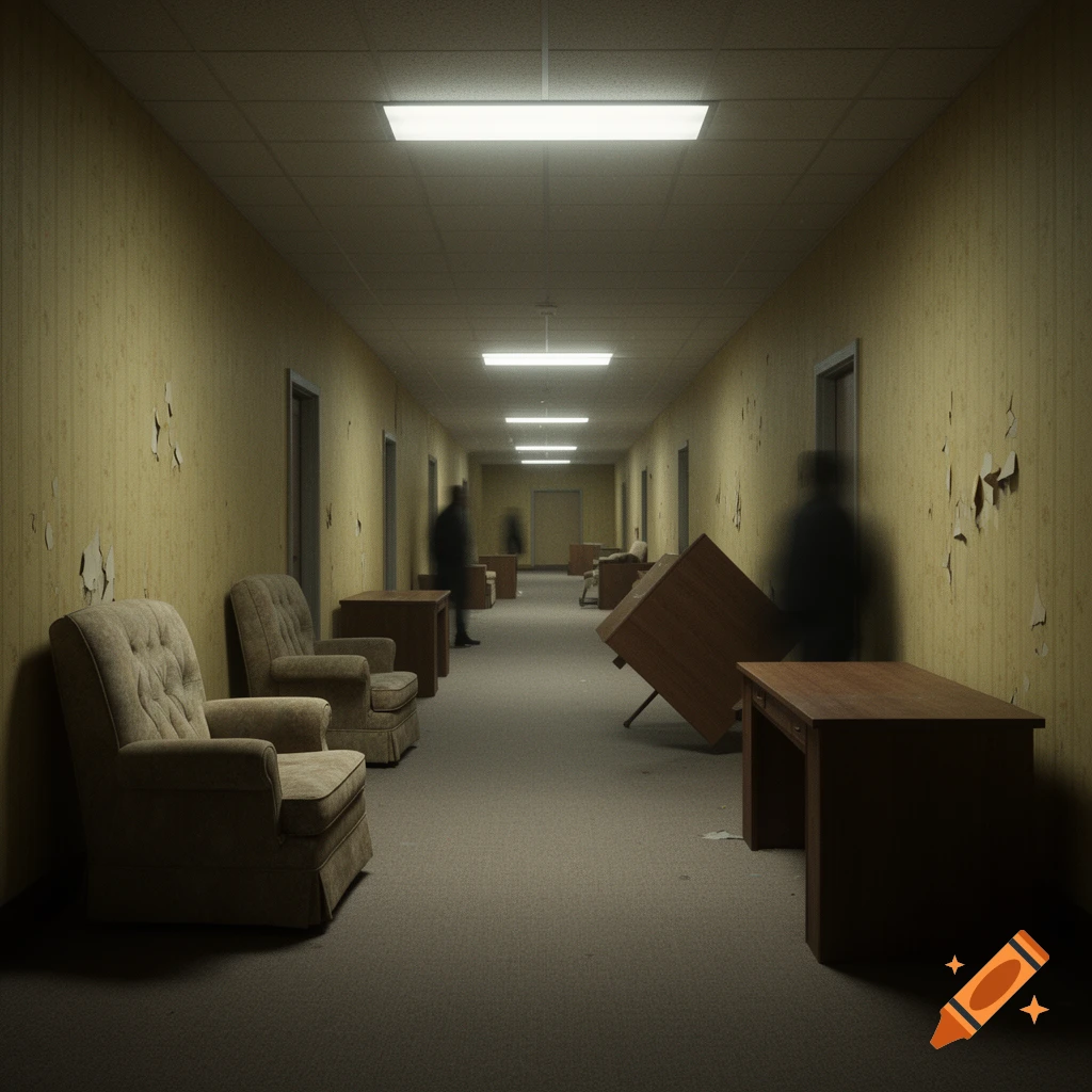 A long, eerie hallway with peeling yellow wallpaper, fluorescent lights, scattered furniture, and blurred shadowy figures.