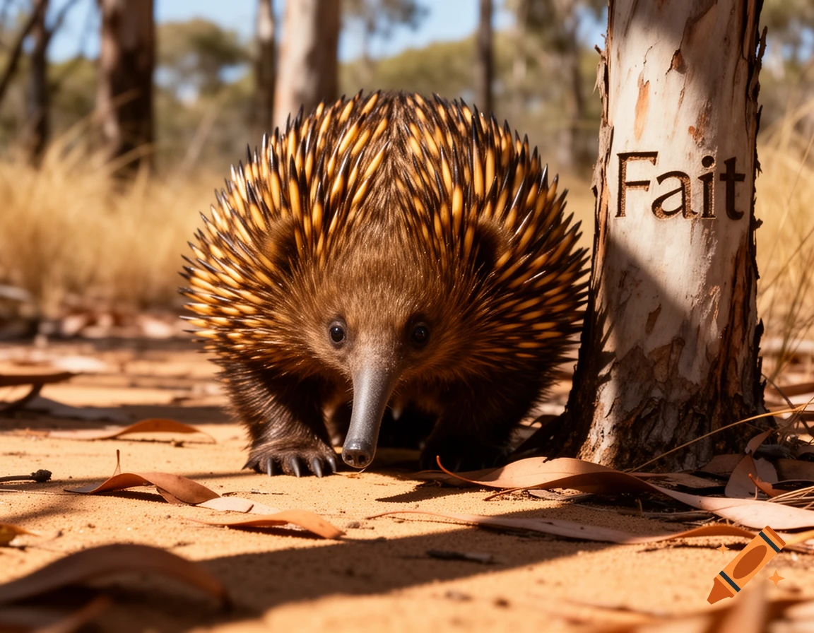 A photorealistic echidna stands on sandy ground with leaves, next to a tree trunk carved with 'Fait', in a sunlit forest.