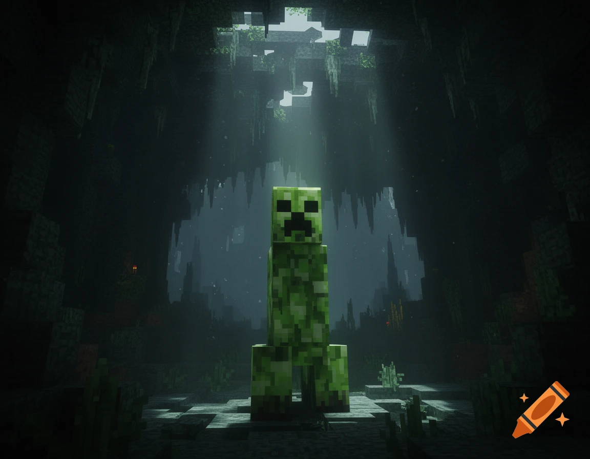 A Minecraft Creeper stands prominently in a dark, atmospheric cave, illuminated by light rays shining from above onto mossy blocks.