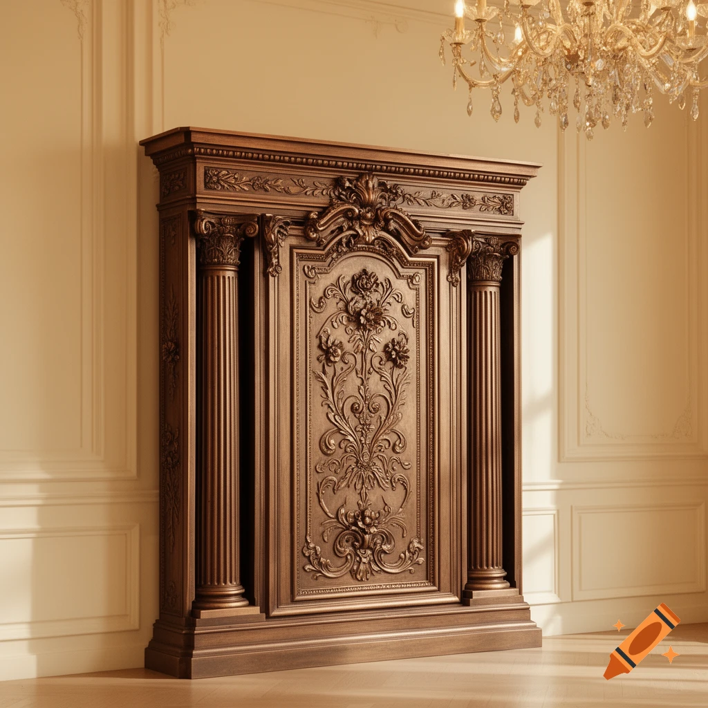 Ornate dark wood cabinet with intricate carvings and columns in a classical room with a crystal chandelier, photorealistic style.