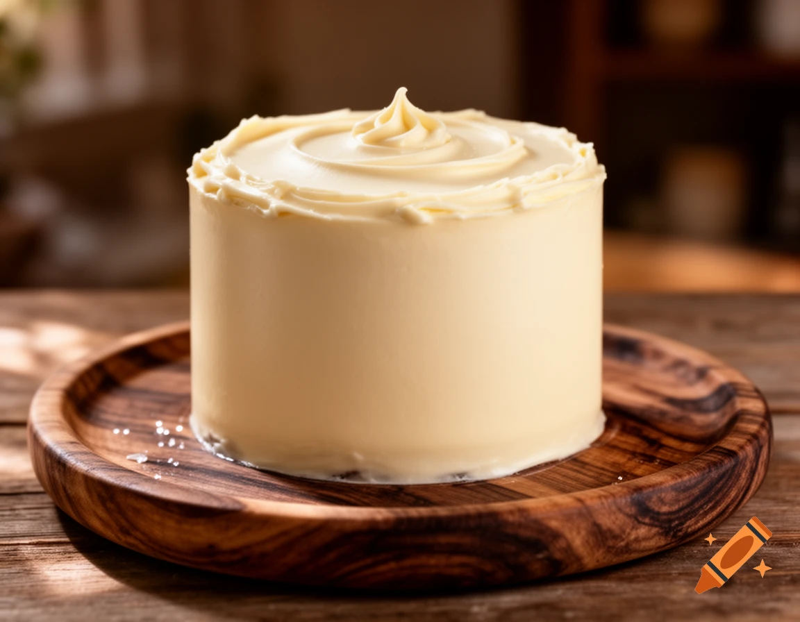 A photorealistic image of a tall, round cake covered in smooth white buttercream, topped with a swirl, sitting on a dark wooden plate.