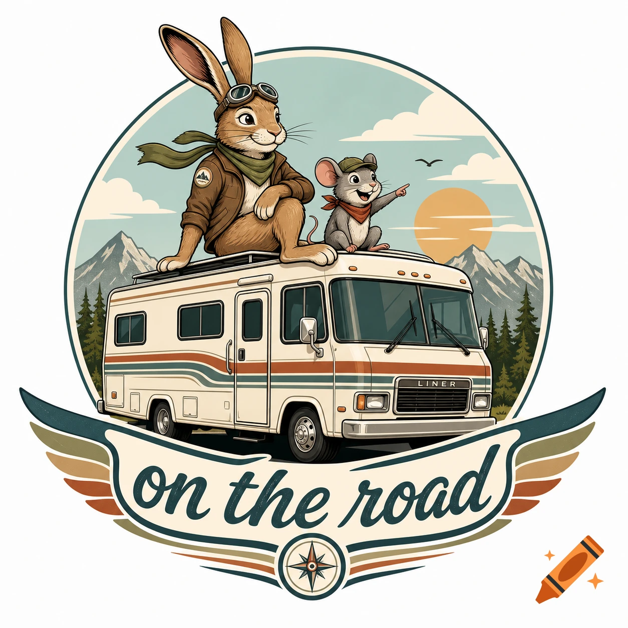 A retro-style logo illustration of a rabbit and a mouse on top of an RV, with mountains and sun in the background, and text 'on the road'.
