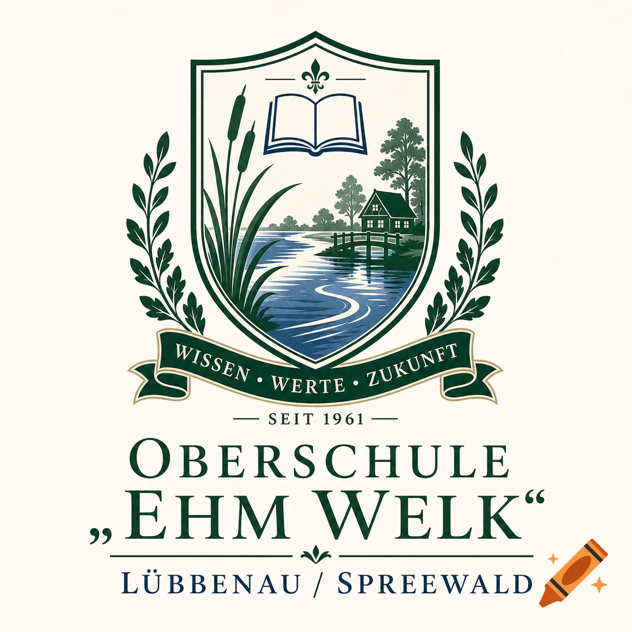Classic-style logo for Oberschule "Ehm Welk" Lübbenau / Spreewald, featuring a shield with a river, house, trees, open book, and text.