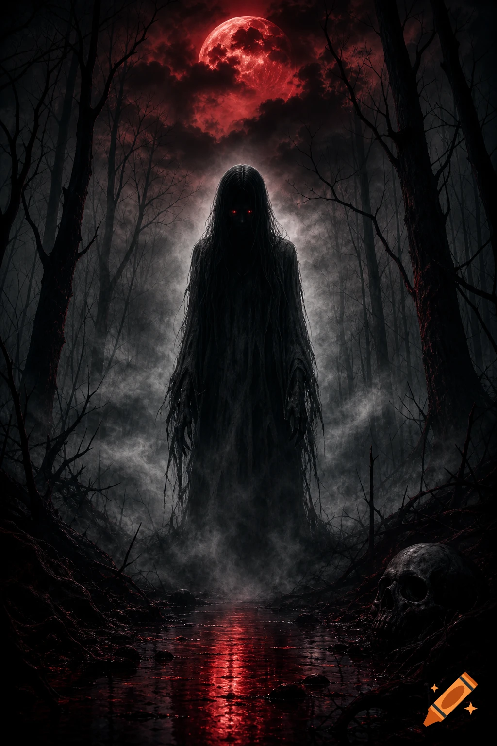 A dark, eerie forest scene under a blood-red moon, with a towering, spectral figure with glowing red eyes standing amidst fog, and a human skull near a red-tinged pool of water.