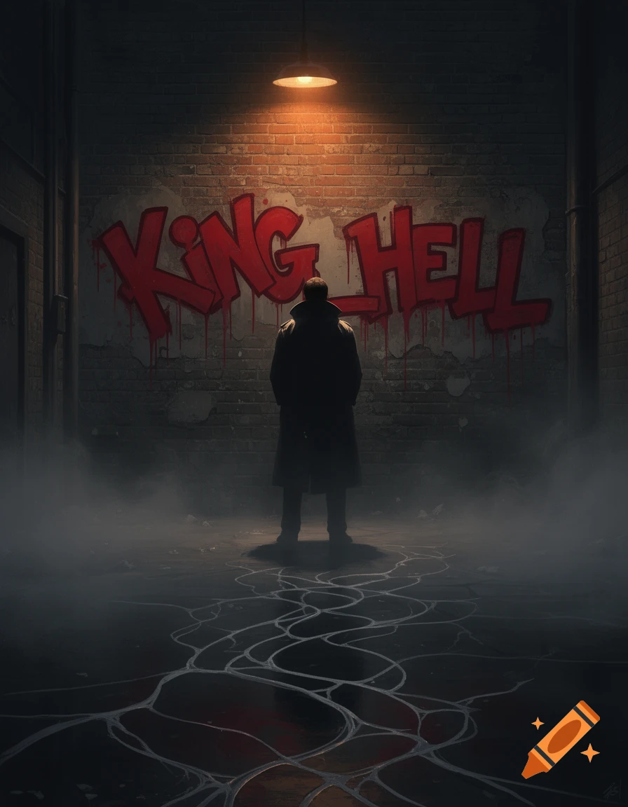 A man in a trench coat stands in a dark, foggy alley under a single lamp, facing a brick wall with 'KING HELL' graffiti.