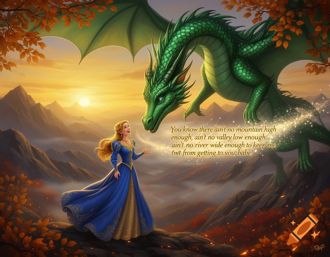 A princess in a blue gown on a mountain peak gazes up at a large green dragon against a sunset sky.