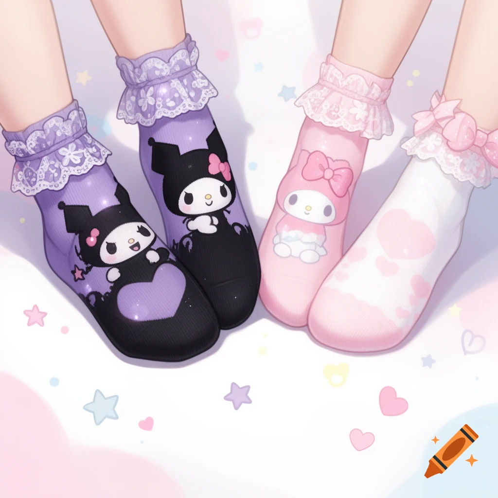 Four feet wearing frilly socks, two purple with Kuromi and two pink/white with My Melody, on a pastel background.