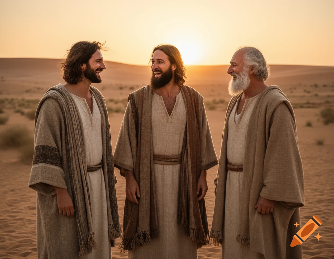 Three men with beards and robes smile at each other in a desert at sunset.