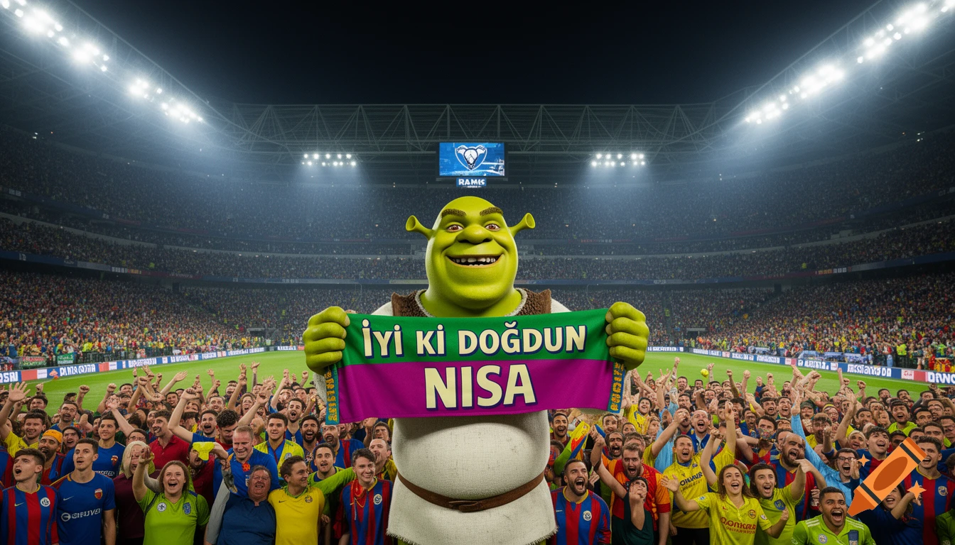 Shrek holds a "Happy Birthday Nisa" banner in a packed football stadium, surrounded by a cheering crowd.