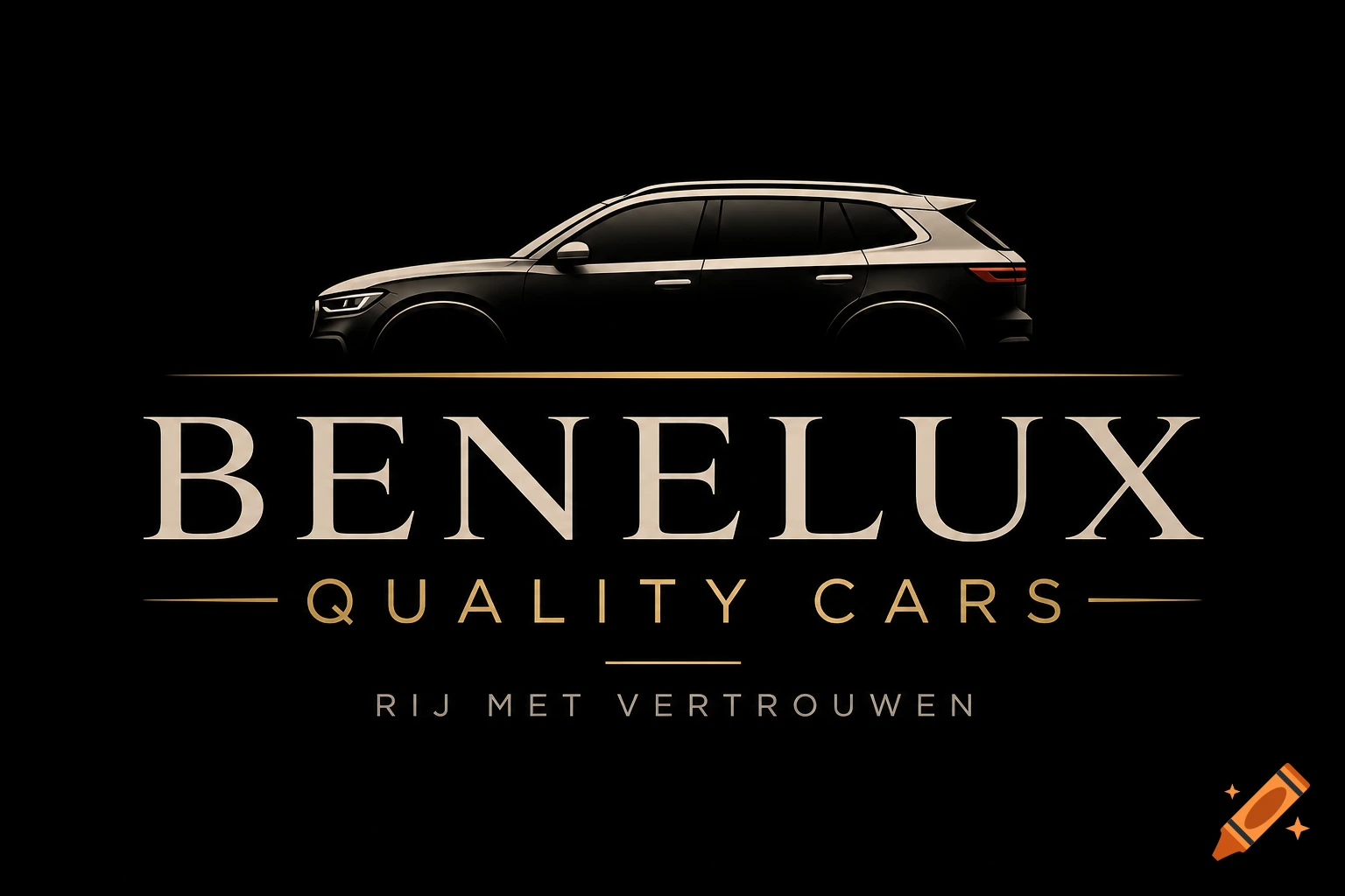 Benelux Quality Cars logo with a dark SUV silhouette and text in beige and gold on black.