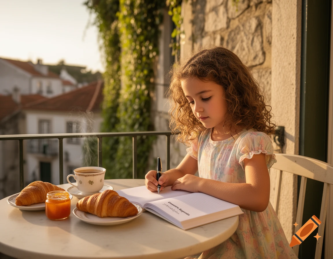 A young girl writes in a notebook on a sunny balcony with a breakfast of coffee, croissants, and jam, overlooking a European town.