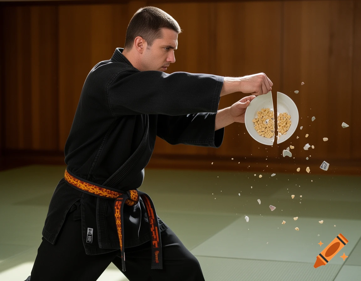 A man in a black karate gi with an orange and black patterned belt chops a cereal bowl in half, sending cereal and fragments flying.
