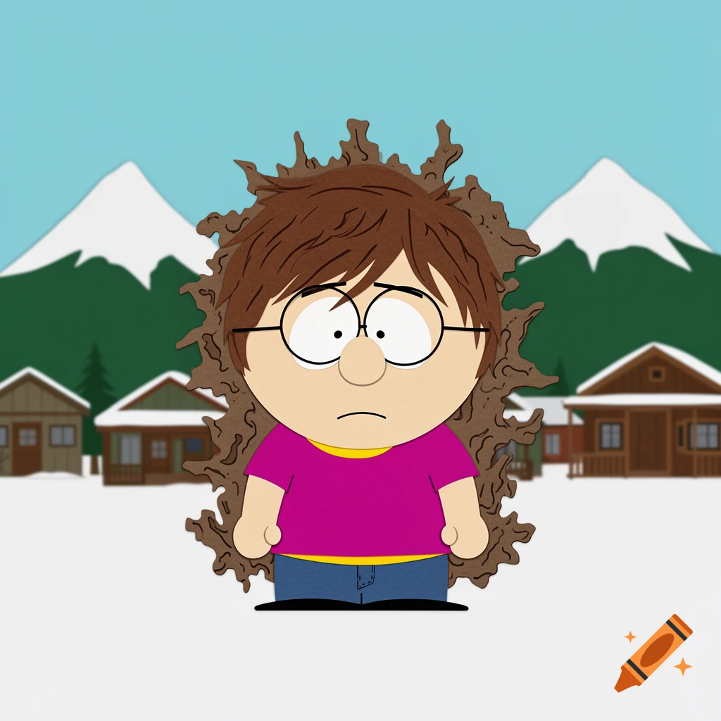 A South Park style cartoon character with brown hair and glasses, covered in mud, stands in a snowy mountain landscape.