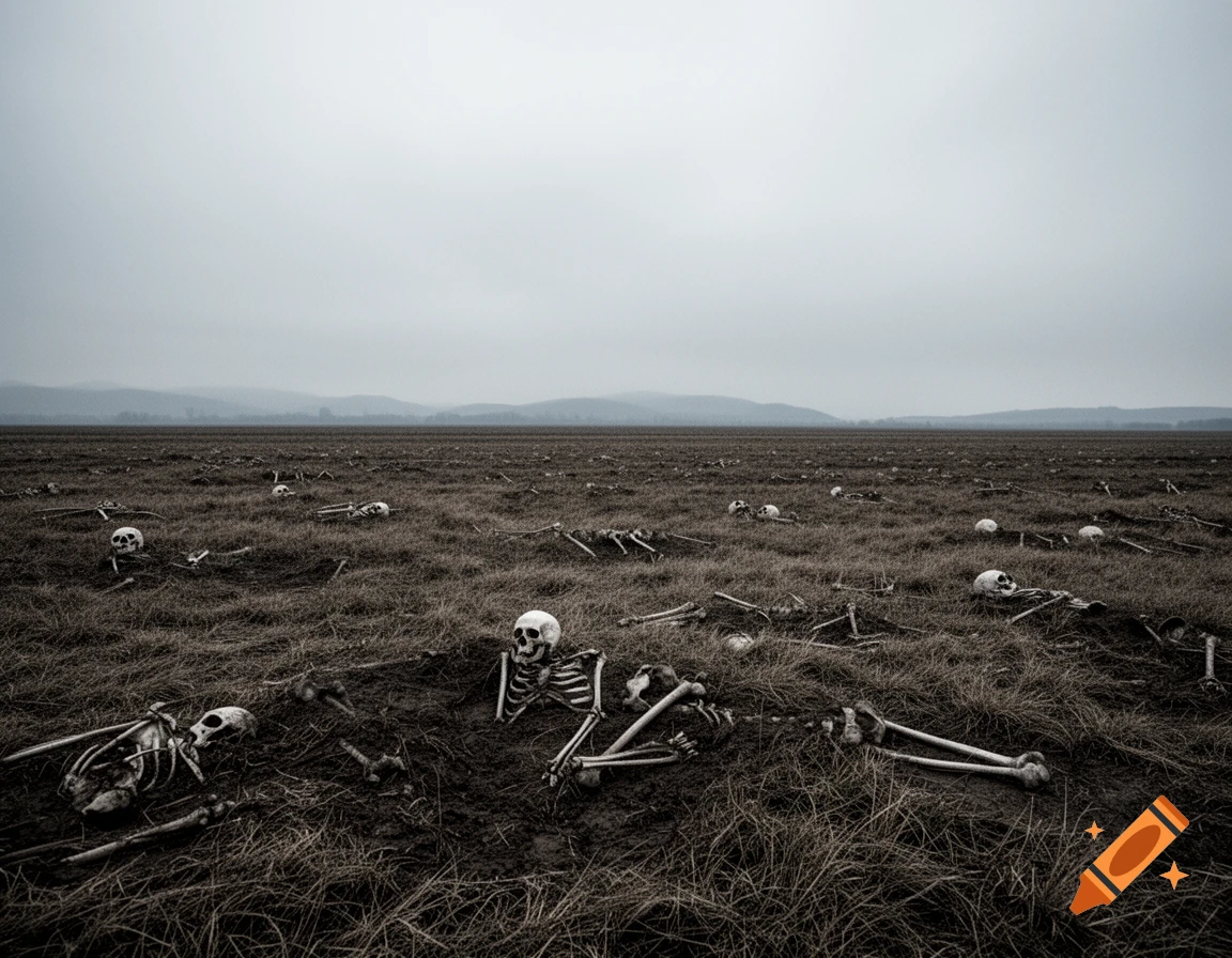 A desolate, vast field under a grey sky is littered with numerous human skeletons lying on and partially buried in dry grass.