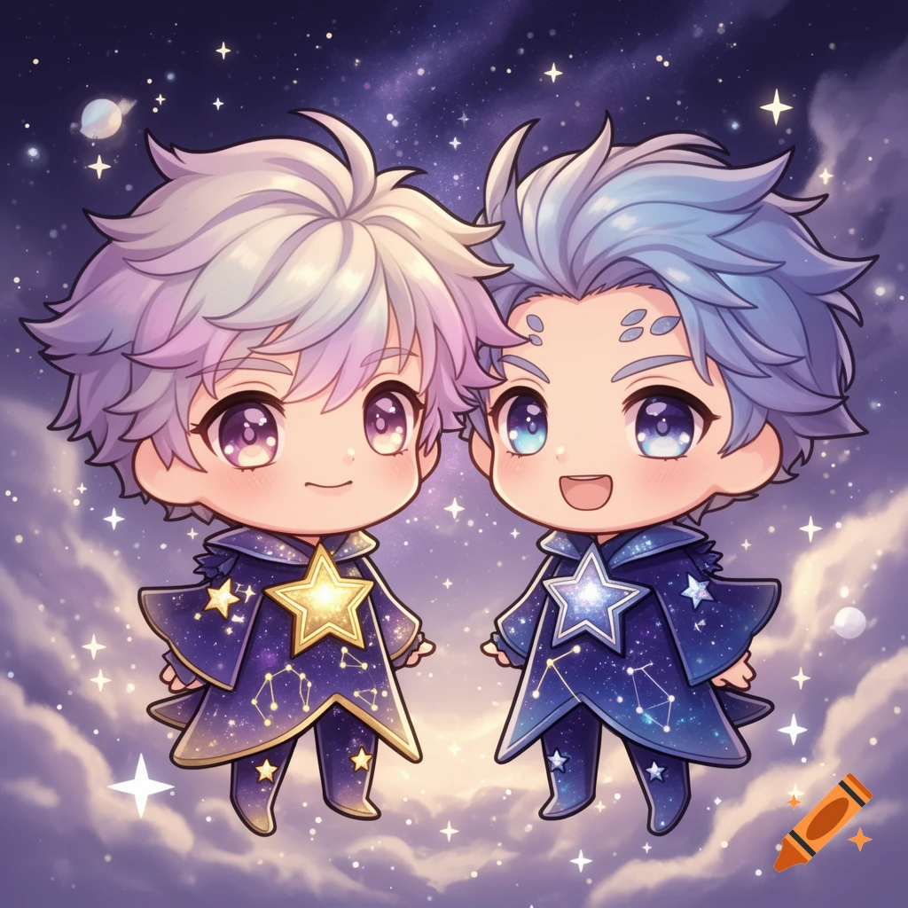 Two smiling chibi characters with starry robes float in a galaxy background, one with a gold star, the other with a blue star.