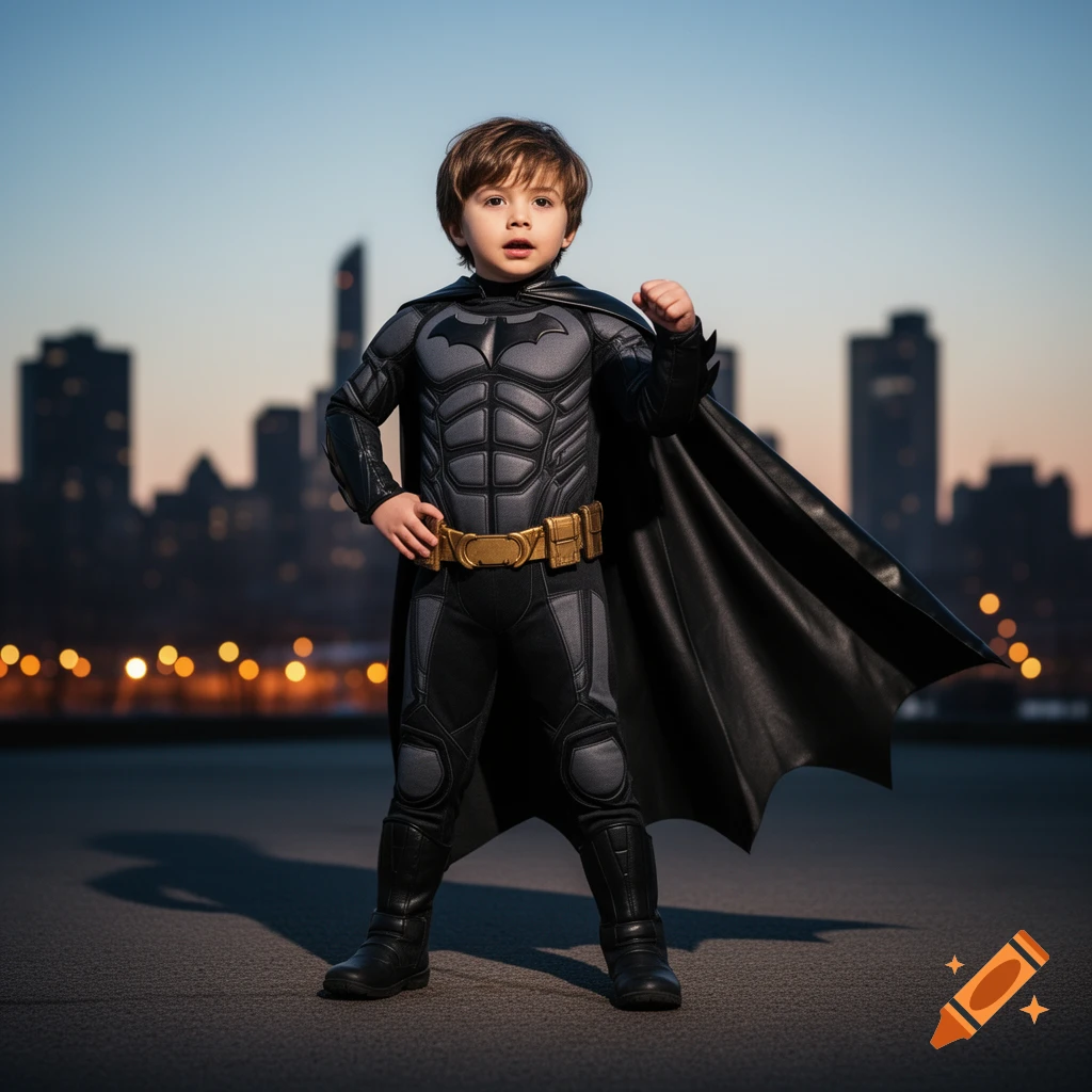 Young boy in a detailed Batman costume stands heroically against a city skyline at dusk.